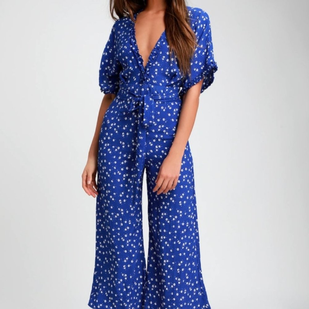 Cobalt Blue Floral Print Wide-Leg Jumpsuit Size XS